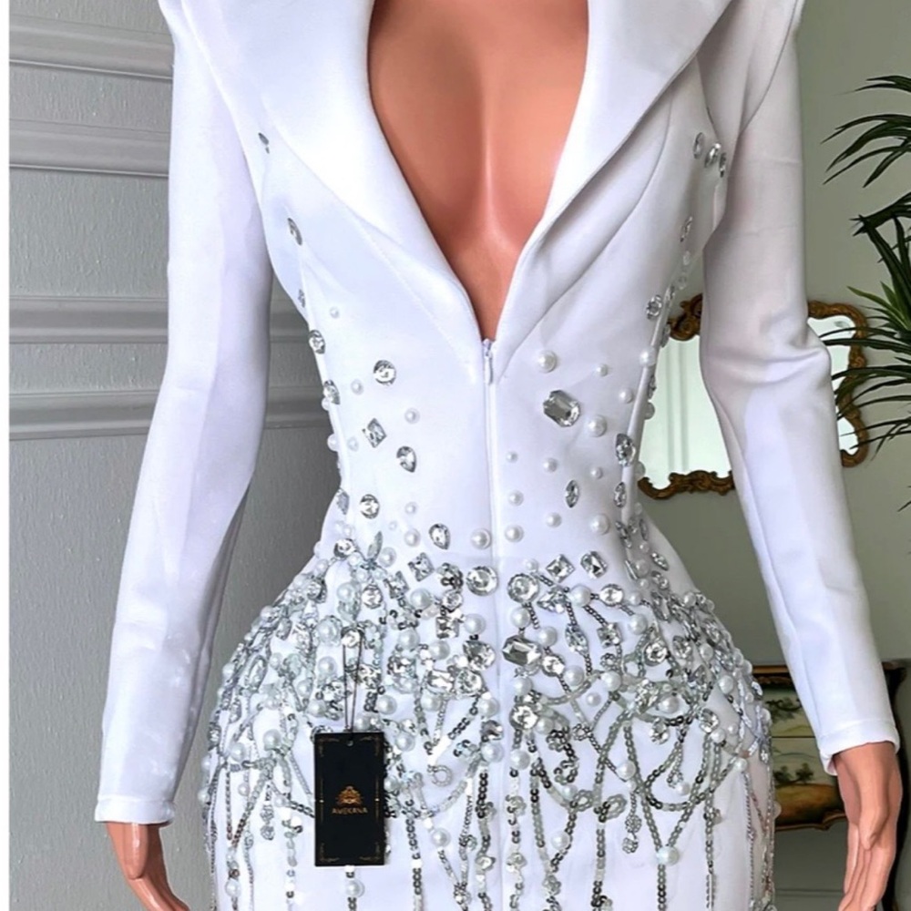 Chic White Long Sleeve Dress with Crystal Accents